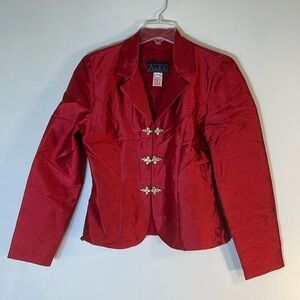 NEW! Alex Evenings Red Satin Jewel Button Jacket. 4.